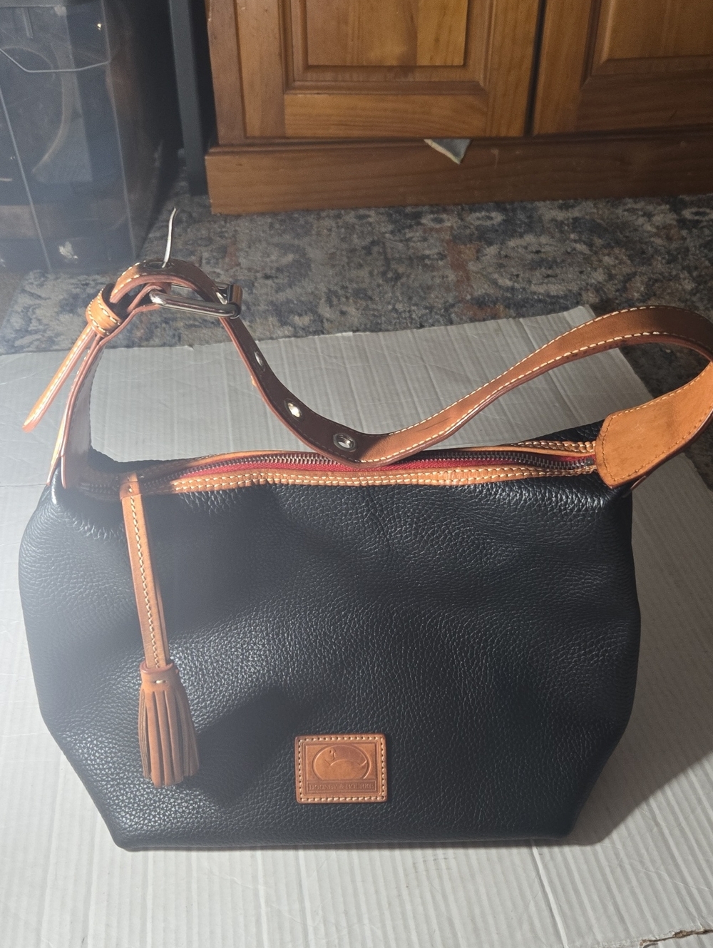 Dooneu & Bourke Black Leather Shoulder Bag with Tan Trim